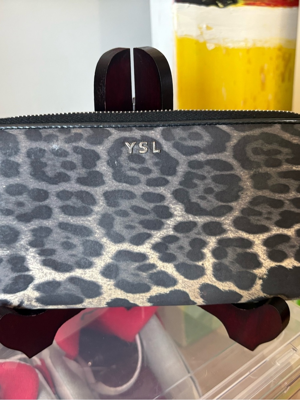 Yves Saint Laurent Gray Leopard Print Cosmetic Pouch with Silver YSL Logo